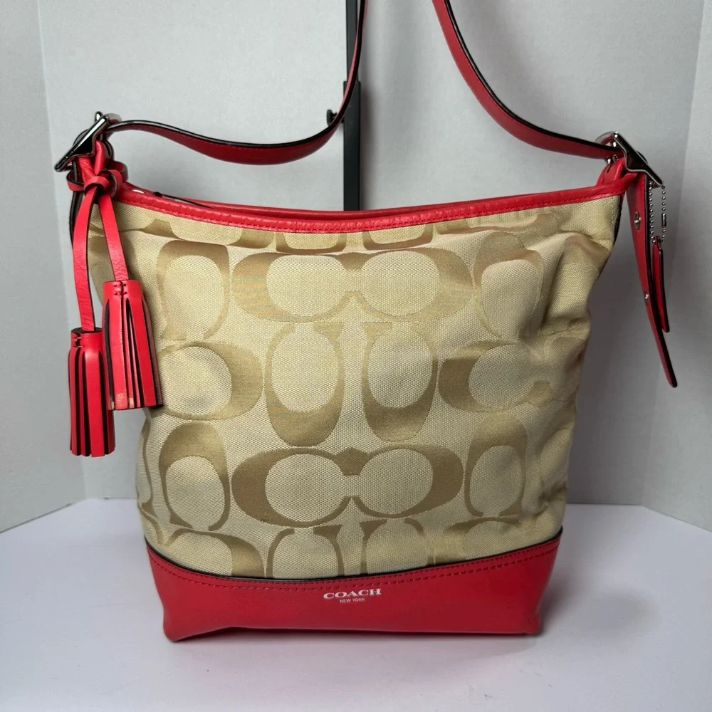 COACH Legacy Signature Hobo Duffel Bag in Khaki and Fuchsia Leather‎ Crossbody